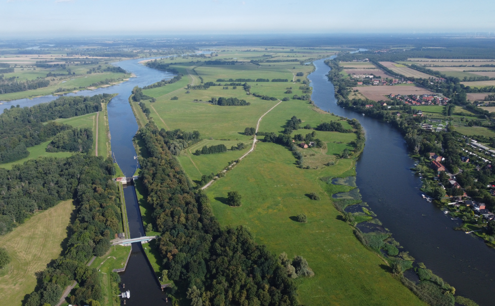 Aerial view of the Elbe, lock canal and Havel near Havelberg