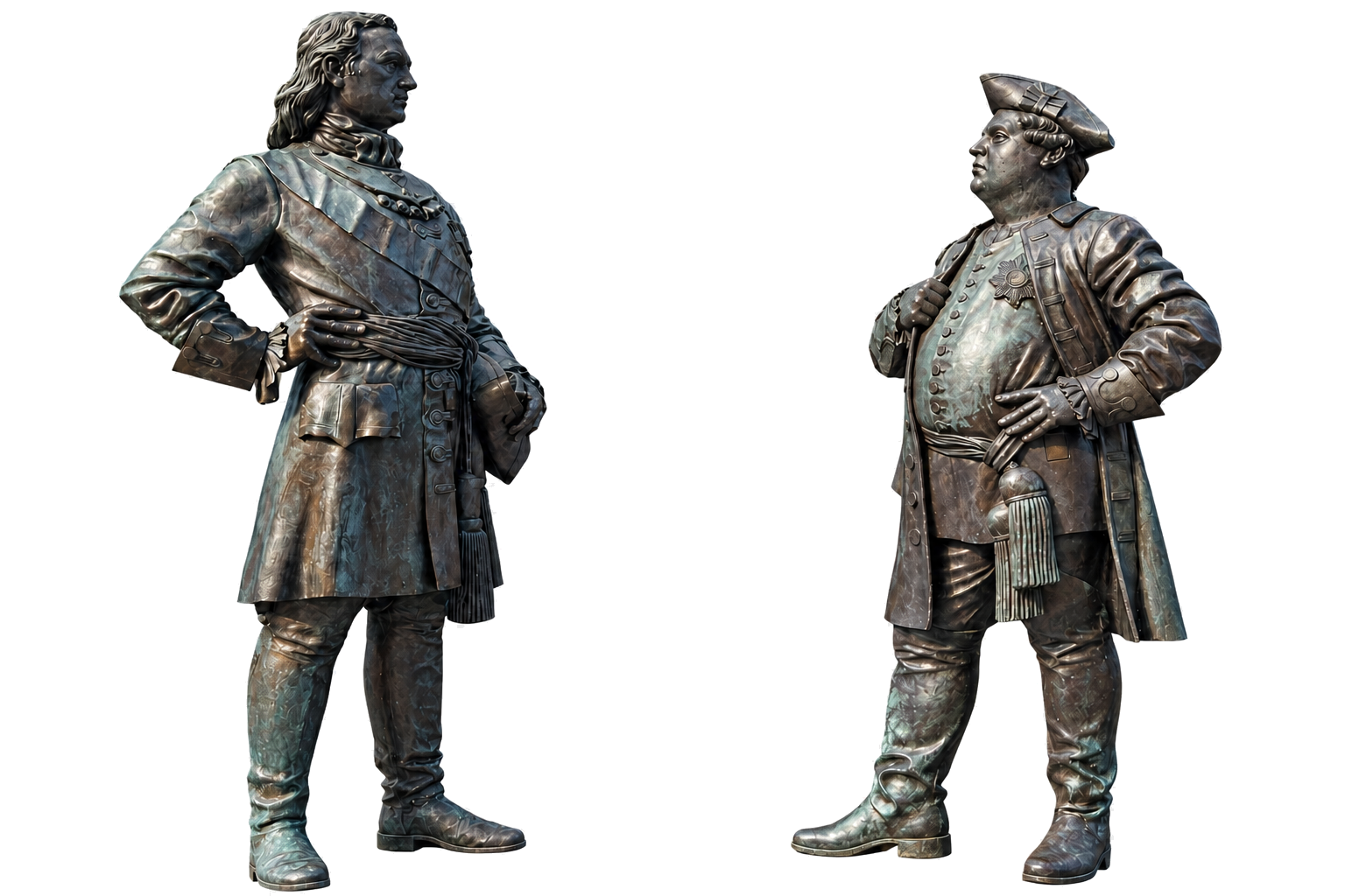 Die lebensgroßen Figuren von Zar Peter I. links und König Friedrich Wilhelm I. rechts auf dem Havelberger Domplatz